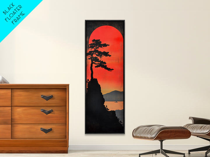 Pine Silhouette Red Sun Wall Art, Japanese Lake Landscape Print, Moody Nature Decor, Long Narrow Canvas For Modern Living Room