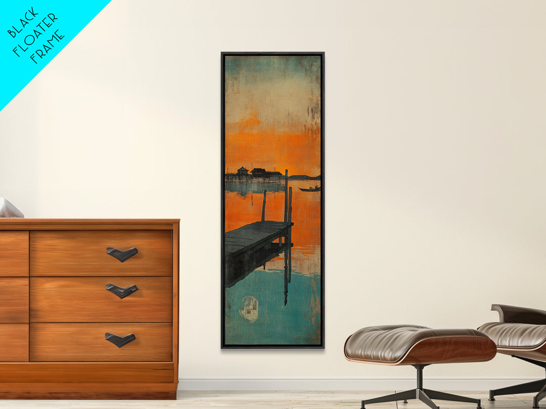 Orange Sunset Dock Wall Art, Moody Seascape Canvas, Coastal Wall Decor, Lake House Decor For Nautical Living Room, Home Decor