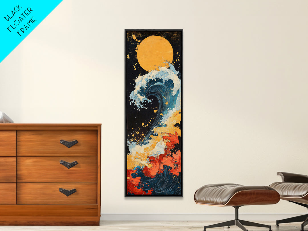 Golden Moon Ocean Wave Framed Canvas Print, Japanese Wall Art, Coastal Decor, Bold Ukiyo E Seascape For Modern Home Decor