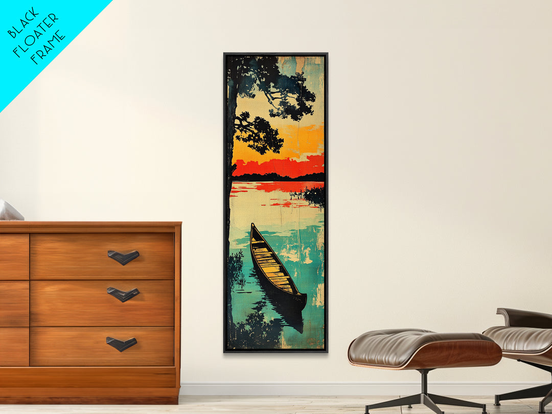 Canoe On Sunset Lake Wall Art, Japanese Landscape Canvas Print, Rustic Cabin Home Decor, Teal Water Long Vertical Art Print