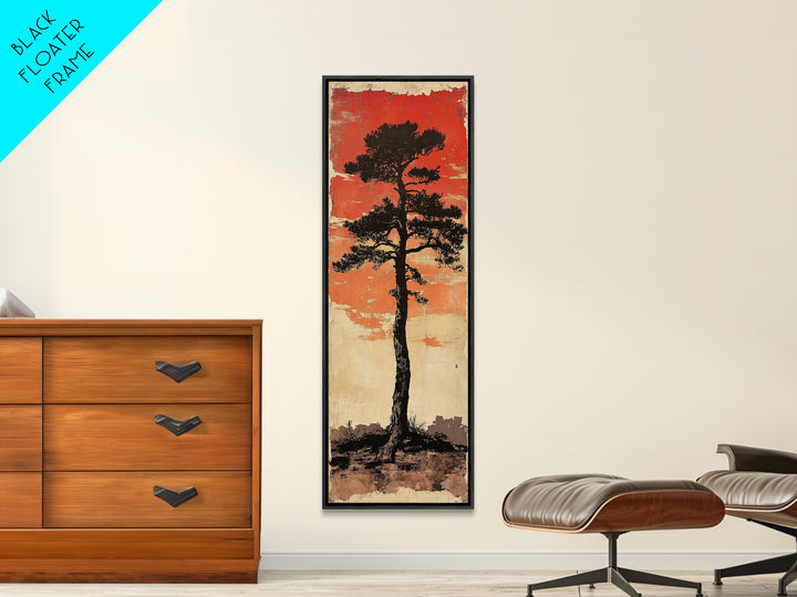 Lone Black Pine Tree At Red Sunset Canvas Print, Japanese Wall Art, Rustic Landscape Art, Long Narrow Nature Wall Decor Gift