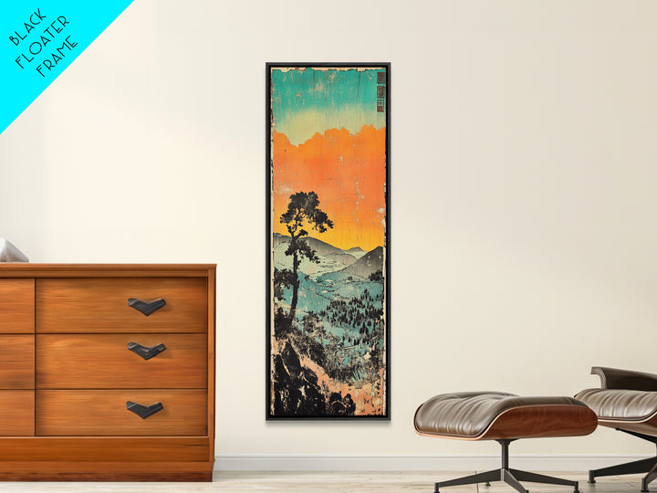 Orange Sunset Mountain Valley Canvas Print, Japanese Landscape Wall Art, Coastal Teal Nature Decor, Long Narrow Wall Decor