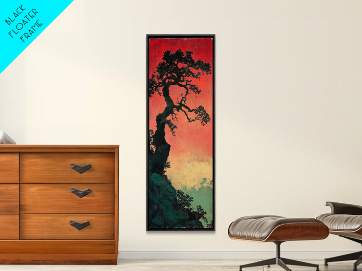 Twisted Black Pine Tree At Red Dusk Canvas Print, Japanese Wall Art, Moody Landscape Decor, Long Narrow Nature Gift For Her