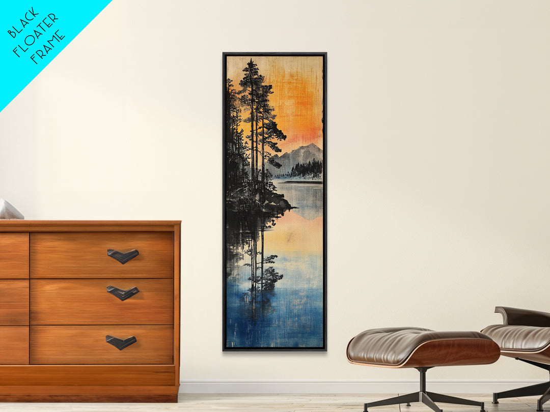 Misty Pine Lake Reflection Sunset Mountains Wall Art, Japanese Landscape Print, Rustic Cabin Decor, Nature Living Room Art
