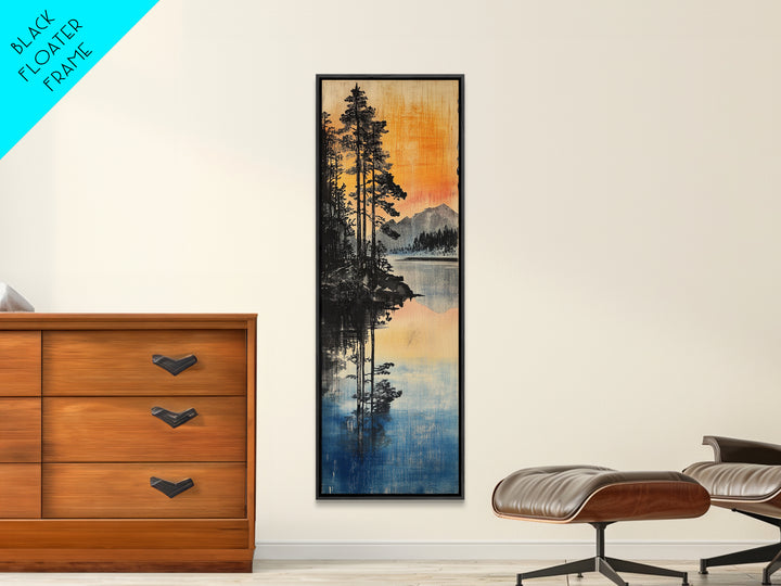 Misty Pine Lake Reflection Sunset Mountains Wall Art, Japanese Landscape Print, Rustic Cabin Decor, Nature Living Room Art