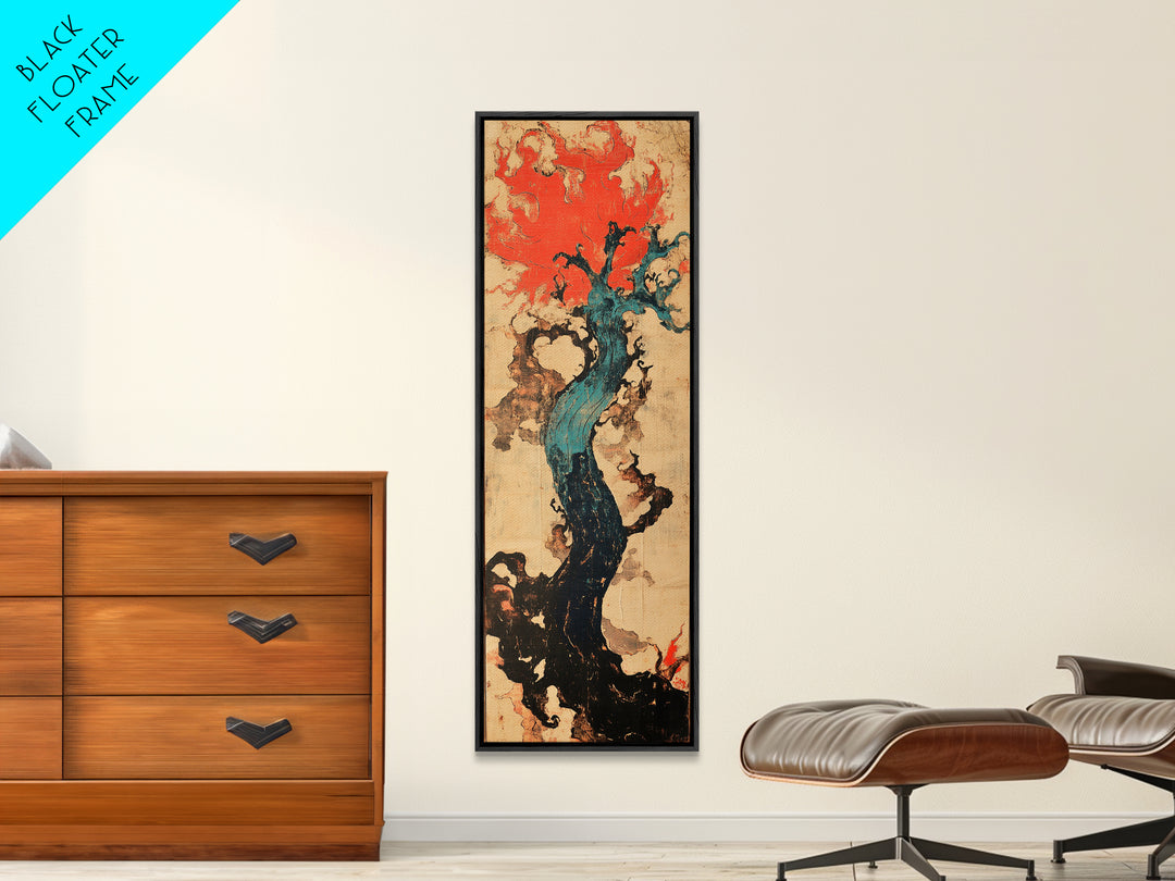 Teal Twisted Tree With Red Flame Clouds Framed Canvas Print, Japanese Abstract Wall Art, Moody Organic Modern Decor, Statement Art