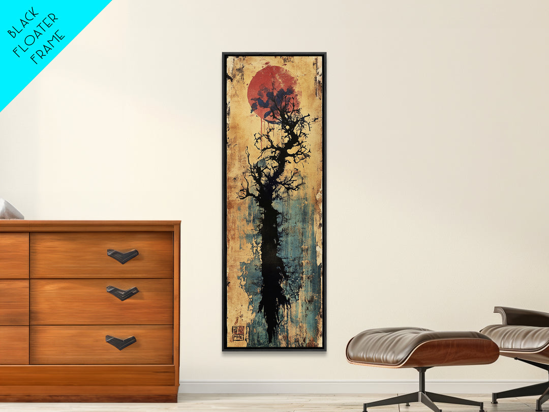 Bare Black Tree Under Crimson Moon Wall Art, Japanese Ink Landscape, Dark Academia Decor, Moody Zen Living Room Art, Canvas Print