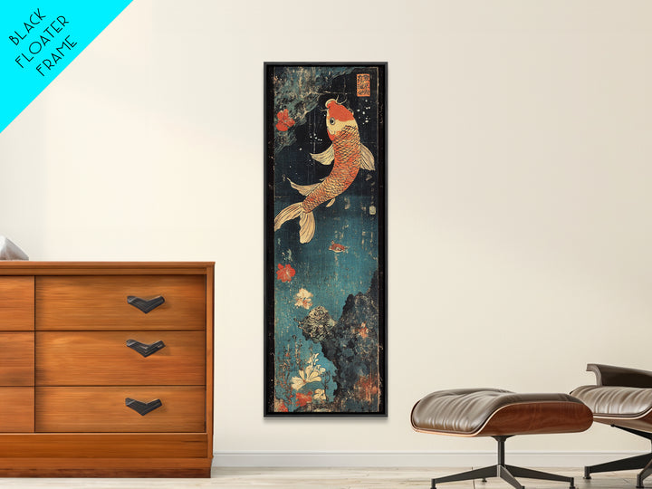Golden Koi Fish With Coral Flowers Framed Canvas Print, Japanese Koi Wall Art, Zen Bathroom Decor, Asian Nature Art Print