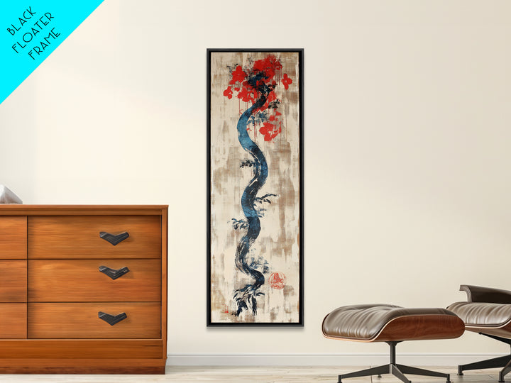 Blue Twisting Tree With Red Blossoms Canvas Print, Japanese Botanical Wall Art, Minimalist Nature Decor, Modern Zen Art Print