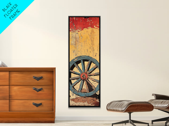 Blue Wagon Wheel Wall Art, Rustic Western Canvas Print, Distressed Farmhouse Decor For Country Home And Living Room Wall Decor