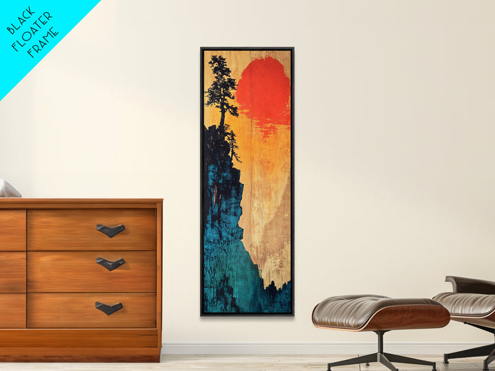 Cliff Silhouette With Red Sun Wall Art, Japanese Landscape Canvas Print, Moody Nature Decor For Living Room And Office Wall Decor