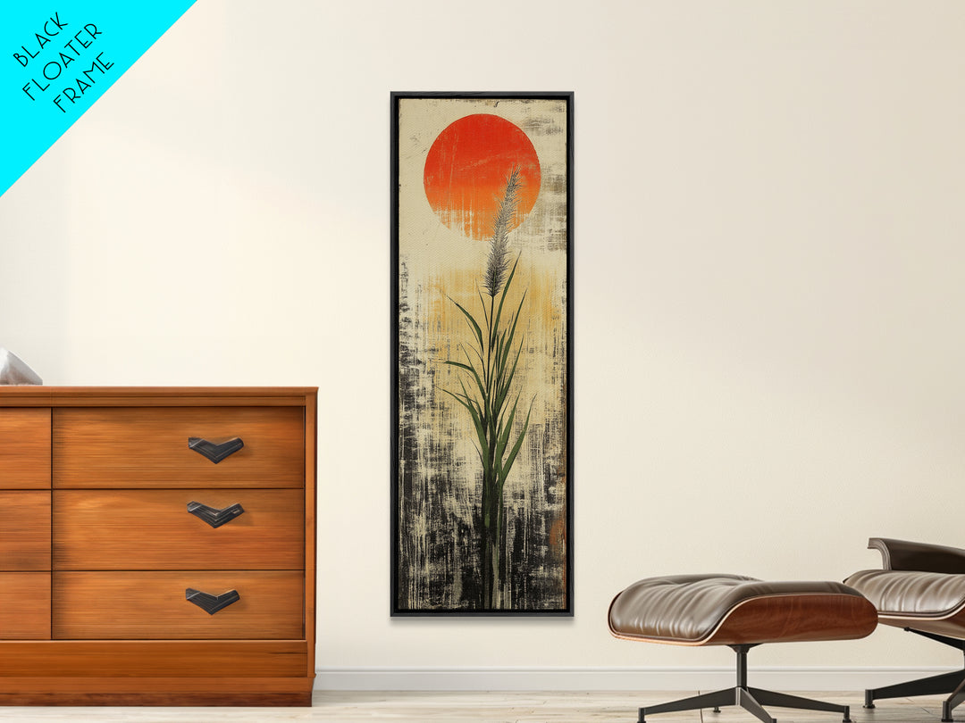 Tall Reed Grass With Red Sun Wall Art, Japanese Botanical Canvas Print, Minimal Nature Decor For Japandi Living Room Wall Decor