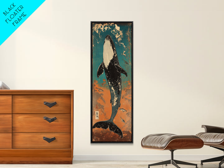 Humpback Whale Rising Through Teal Waves Wall Art, Japanese Woodblock Style, Ocean Wall Art, Marine Life Art, Coastal Decor