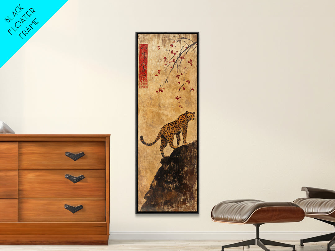 Spotted Leopard On Rocky Cliff Wall Art, Asian Wildlife Decor, Safari Animal Art Print, Maximalist Decor, Framed Canvas Print