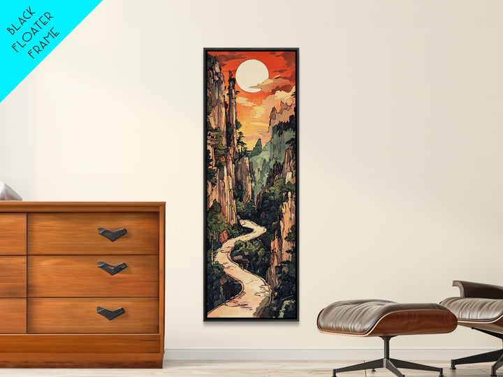 Sunset Canyon River Wall Art, Japanese Landscape Print, Mountain Wall Decor, Large Horizontal Art, Framed Canvas Print, Living Room Decor