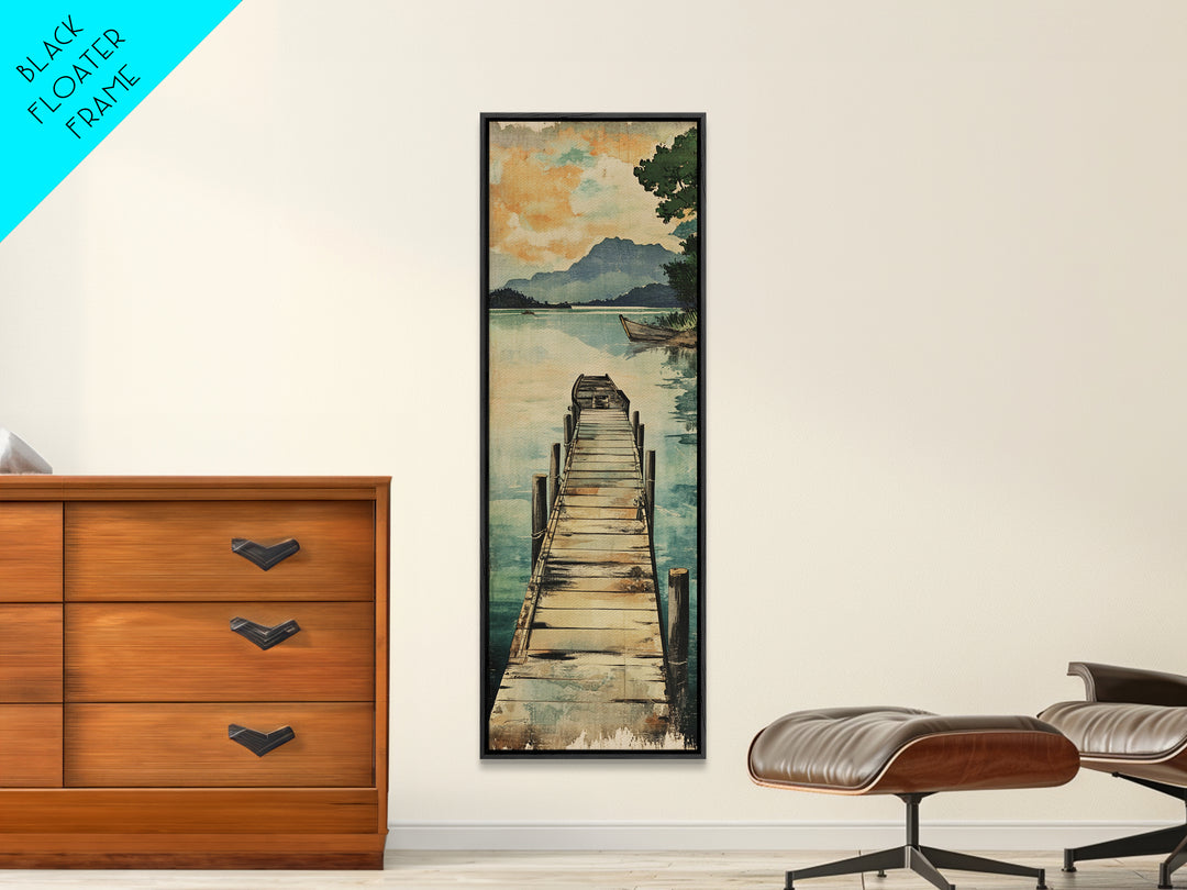 Quiet Lake Dock Framed Canvas Print, Mountain Landscape Wall Art, Serene Nature Decor, Coastal Cabin Living Room Art Print