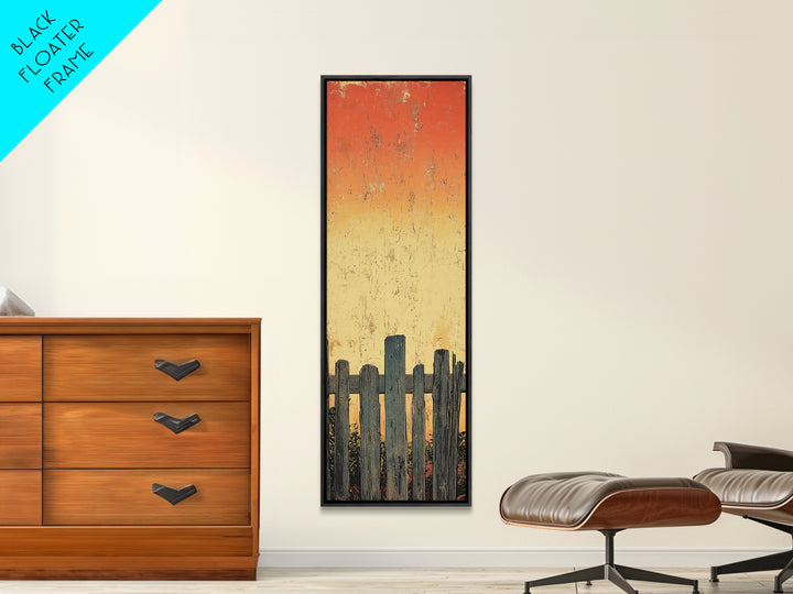Weathered Fence Sunset Wall Art, Rustic Minimalist Landscape Print, Orange Sky Farmhouse Decor, Tall Vertical Canvas Print