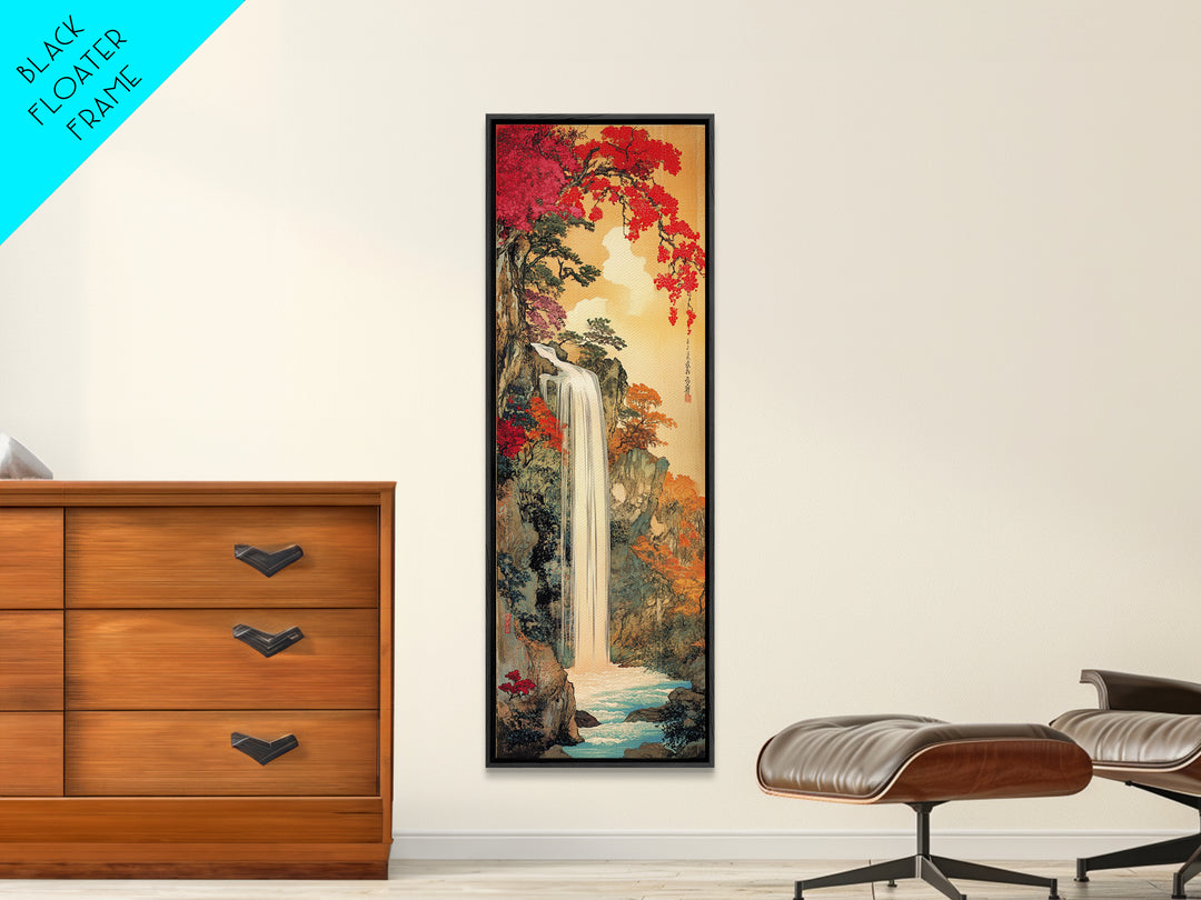 Autumn Waterfall With Red Maple Trees Framed Canvas Print, Japanese Landscape Wall Art, Nature Decor, Living Room Art Print