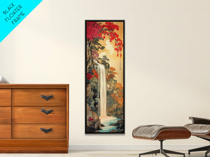 Autumn Waterfall With Red Maple Trees Framed Canvas Print, Japanese Landscape Wall Art, Nature Decor, Living Room Art Print