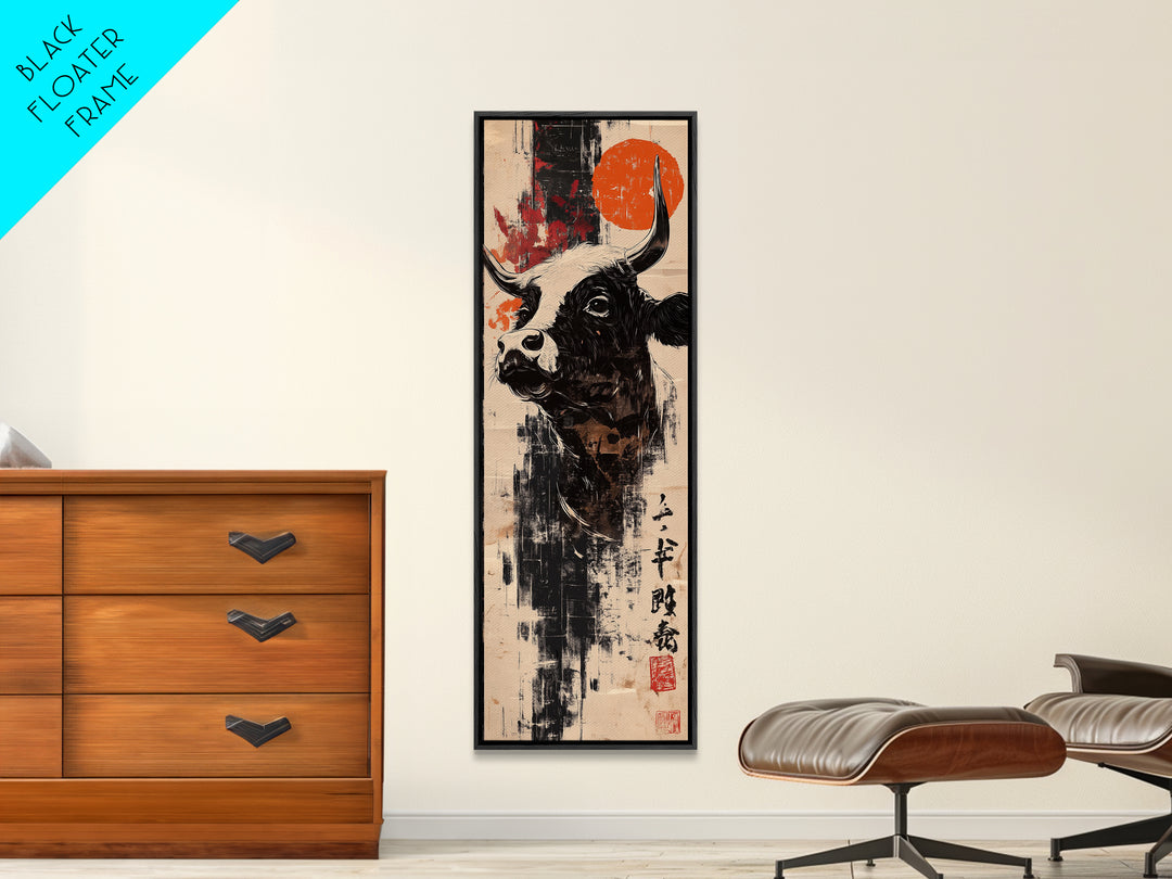 Black Bull Portrait With Red Sun Canvas Print, Japanese Western Wall Art, Rustic Farmhouse Decor, Masculine Office Art Print