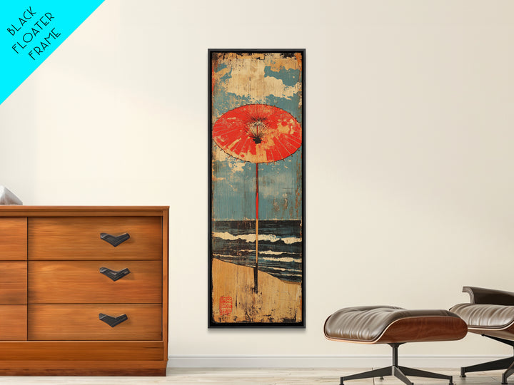 Red Beach Umbrella By Blue Ocean Framed Canvas Print, Coastal Wall Art, Beach House Decor, Summer Seascape Print, Living Room Decor