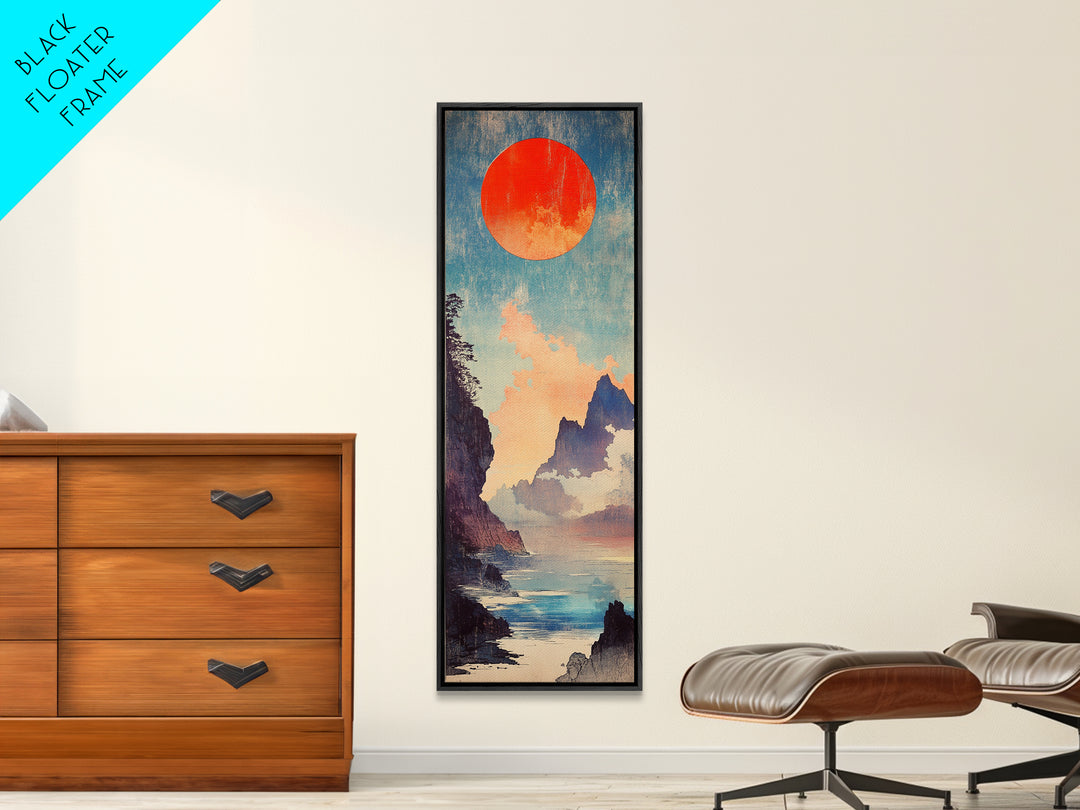 Red Sun Blue Mountain Seascape Wall Art, Japanese Landscape Print, Coastal Asian Decor, Tall Narrow Canvas For Living Room