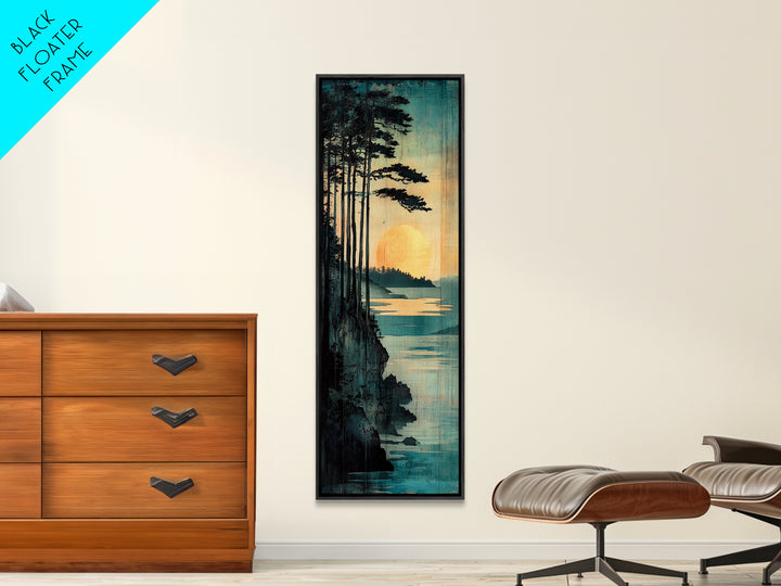 Golden Sun Forest Coast Wall Art, Japanese Landscape Print, Teal Nature Decor, Long Vertical Canvas For Bedroom Or Living Room