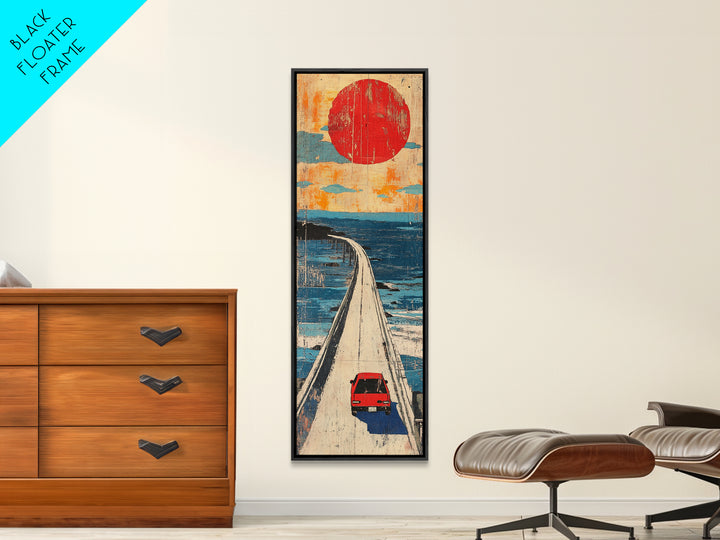 Red Car Ocean Bridge Wall Art, Retro Travel Poster Style, Japanese Coastal Decor, Long Vertical Canvas Print For Entryway