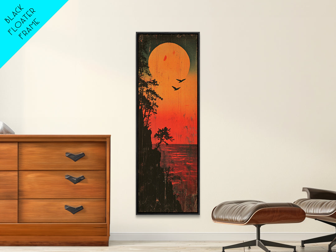 Orange Sunset Lake Silhouette Wall Art, Moody Nature Landscape Print, Rustic Cabin Decor, Long Vertical Canvas For Bedroom