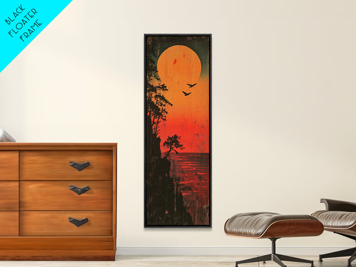 Orange Sunset Lake Silhouette Wall Art, Moody Nature Landscape Print, Rustic Cabin Decor, Long Vertical Canvas For Bedroom