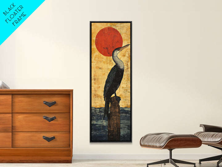 Black Cormorant Bird With Red Sun Wall Art, Japanese Coastal Framed Canvas Print For Nautical Decor And Nature Lovers Gift