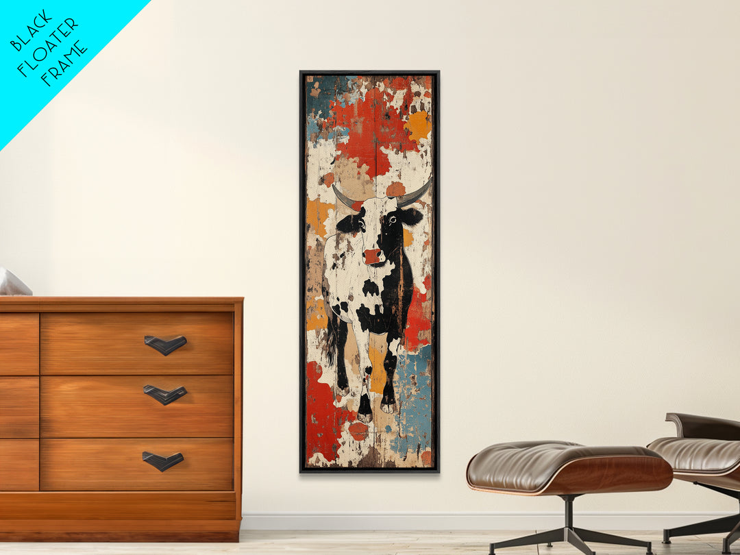 Distressed Black And White Cow Painting Canvas Print, Rustic Farmhouse Wall Art, Western Kitchen Decor, Ranch House Gift