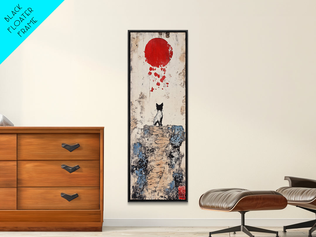 Tiny Black Cat On Cliff With Red Moon Canvas Print, Japanese Wall Art, Whimsical Animal Poster, Nursery Room Decor Unique Gift