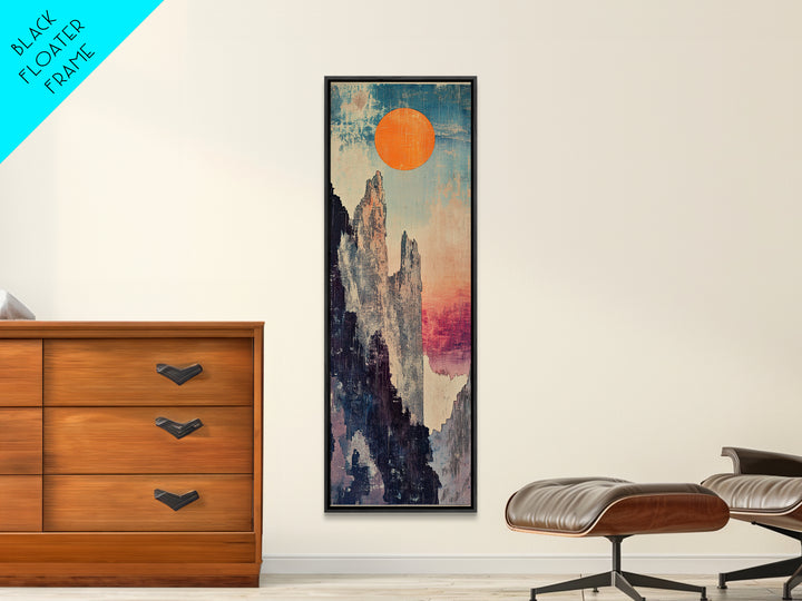 Tall Mountain Spires With Orange Sun Framed Canvas Print, Abstract Landscape Wall Art, Japandi Office Decor, Nature Gift