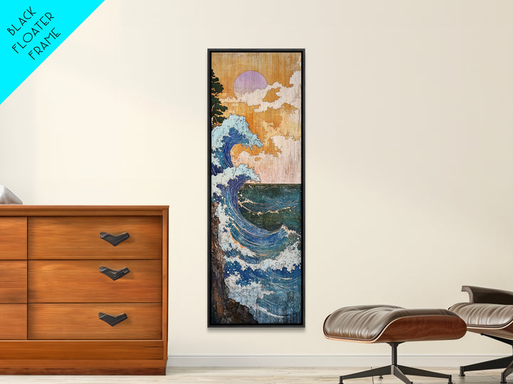 Blue Coastal Wave With Lavender Moon Framed Canvas Print, Ocean Wall Art, Nautical Bathroom Decor, Beach House Gift For Her