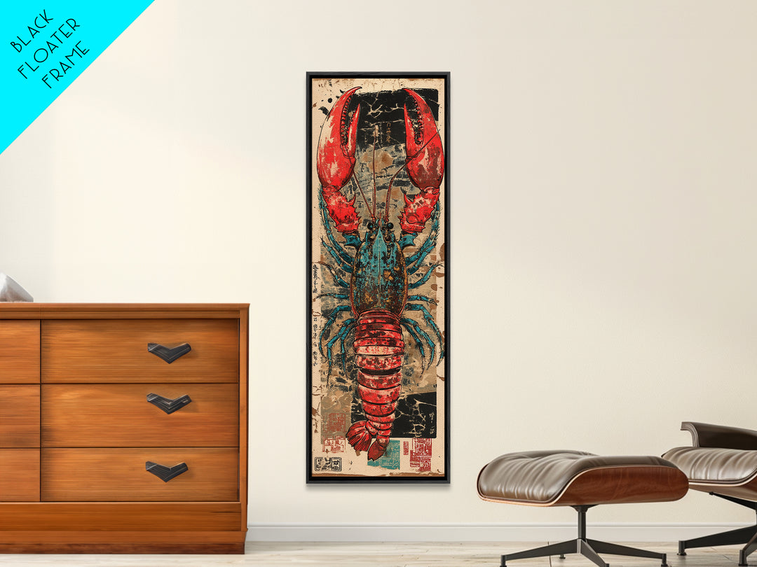 Bold Red And Teal Lobster Framed Canvas Print, Coastal Kitchen Wall Art, Nautical Seafood Decor, Beach House Gift For Foodie