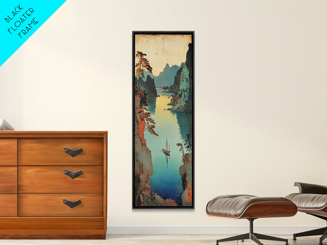 Misty Japanese River Gorge With Boats And Teal Cliffs Framed Canvas Print, Asian Landscape Art, Japandi Wall Decor, Zen Decor