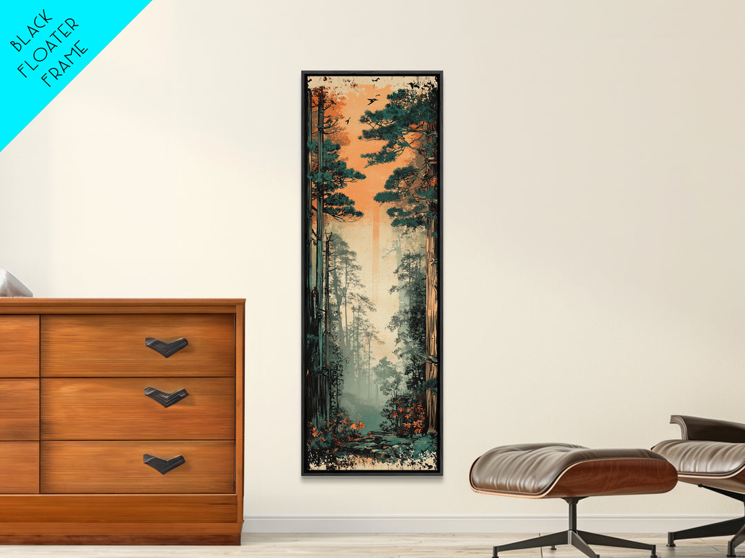 Tall Misty Pine Forest At Orange Dawn Wall Art, Nature Landscape Print, Japandi Decor, Calming Living Room Wall Decor, Home Decor