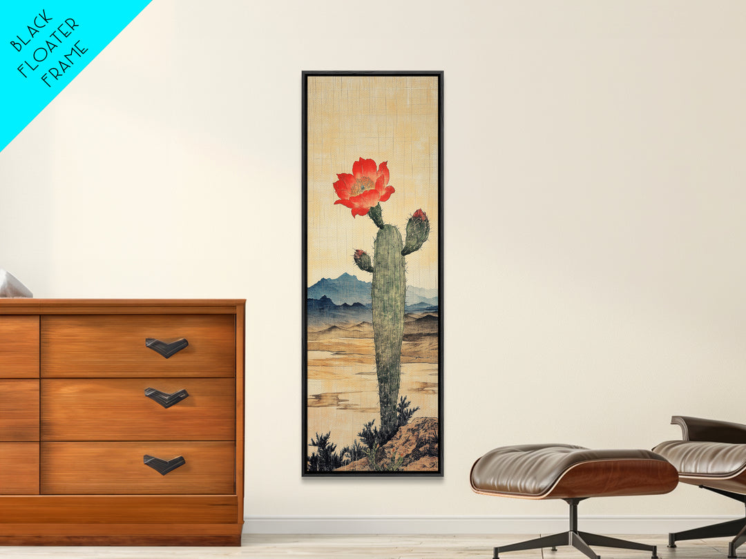 Blooming Cactus With Red Flower In Desert Landscape Framed Canvas Print, Southwestern Wall Art, Rustic Home Decor, Desert Decor