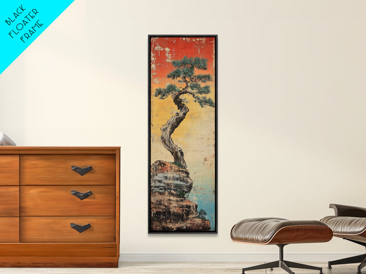 Weathered Bonsai Pine On Rocky Cliff With Red Sky Canvas Print, Japanese Wall Art, Wabi Sabi Decor, Zen Home Decor, Nature Art