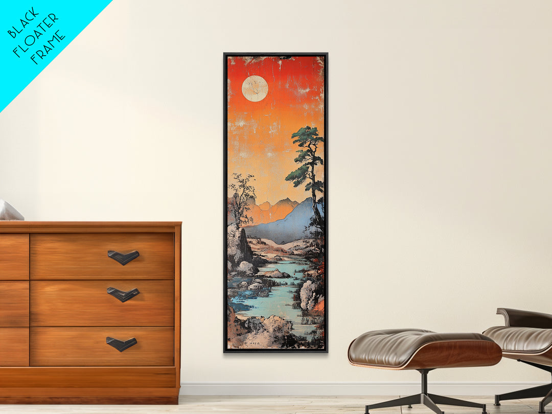 Moonlit Mountain River At Coral Sunset With Lone Pine Wall Art, Japanese Landscape Art, Rustic Decor, Nature Wall Decor Print