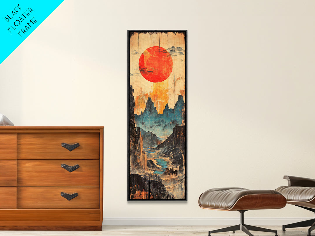 Red Sun Over Blue Mountain Valley And Winding River Wall Art, Japanese Landscape Print, Asian Decor, Statement Artwork, Home Decor