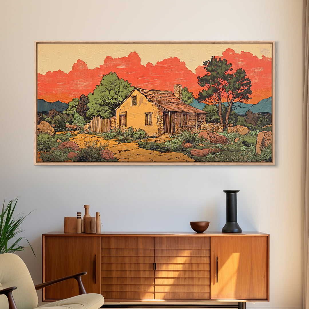 Adobe Desert Cabin At Red Sunset Wall Art, Rustic Southwestern Landscape Print, Western Home Decor, Large Canvas Wall Art