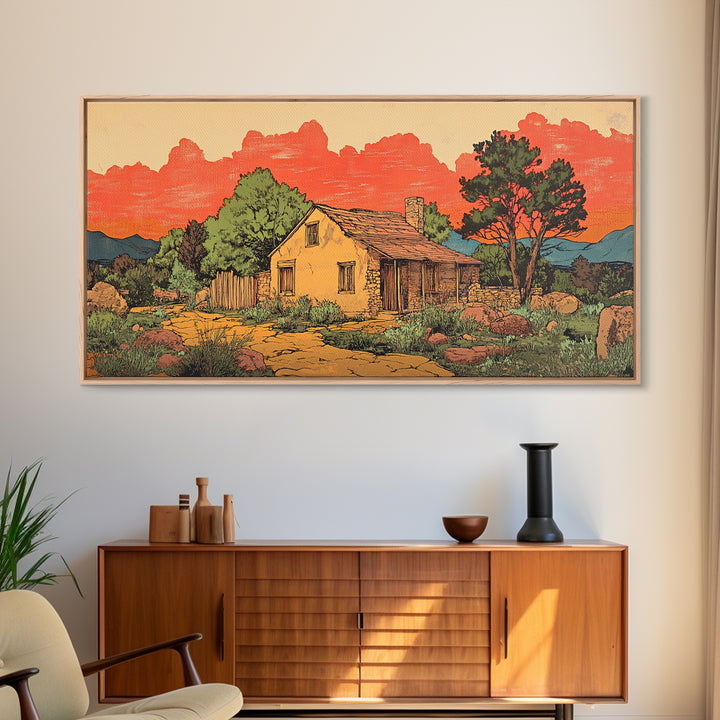 Adobe Desert Cabin At Red Sunset Wall Art, Rustic Southwestern Landscape Print, Western Home Decor, Large Canvas Wall Art