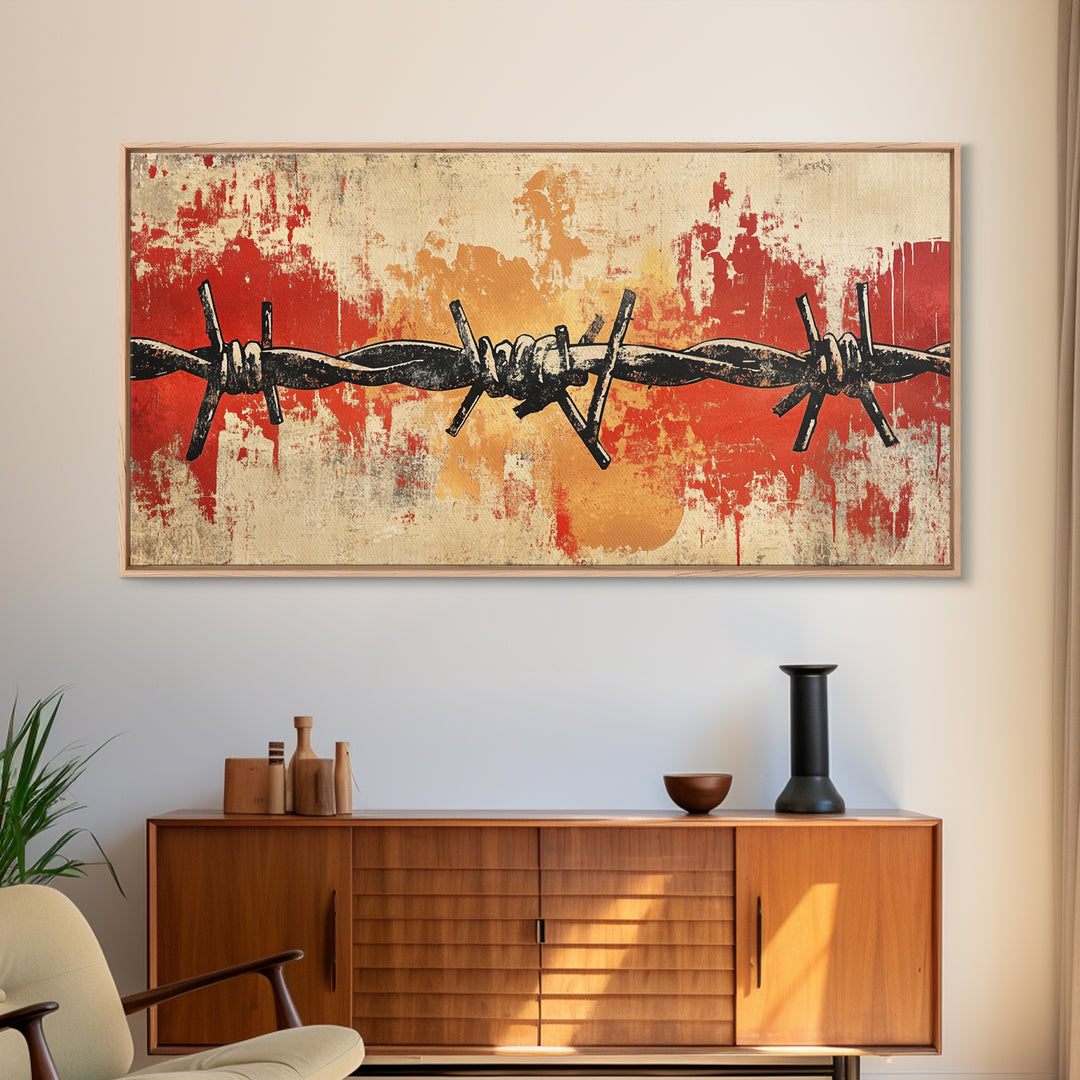 Black Barbed Wire On Red Grunge Canvas Print, Industrial Wall Decor, Edgy Abstract Art, Masculine Office Wall Art, Modern Home Decor