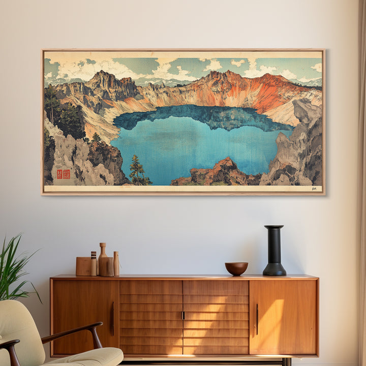 Turquoise Crater Lake And Rugged Mountain Wall Art, Japanese Landscape Print, Panoramic Canvas Art, Nature Home Decor, Large Wall Decor