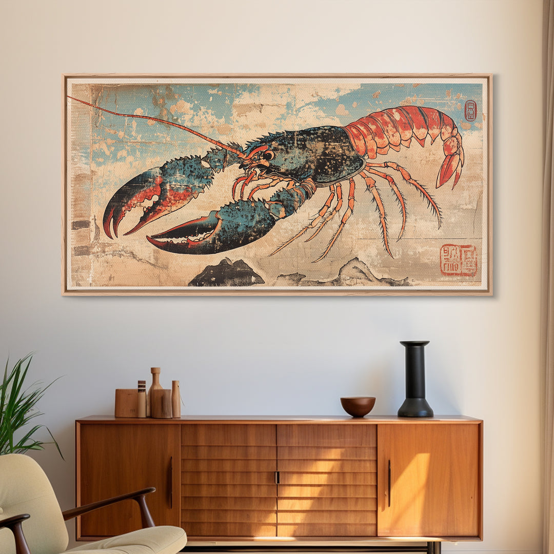 Blue And Coral Lobster With Large Claws Canvas Print, Coastal Kitchen Wall Art, Seafood Art Print, Nautical Home Decor, Beach House Decor