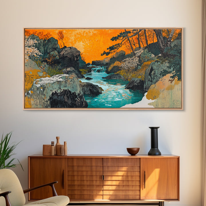Turquoise River Through Rocky Forest Canyon Wall Art, Japanese Landscape Print, Orange Sunset Decor, Nature Canvas Art, Living Room Decor