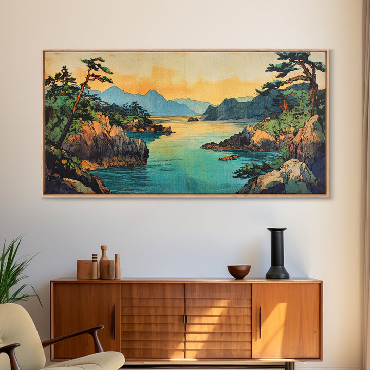 Pine Coastline With Blue Bay And Distant Mountains Wall Art, Japanese Seascape Print, Coastal Home Decor, Large Canvas Art