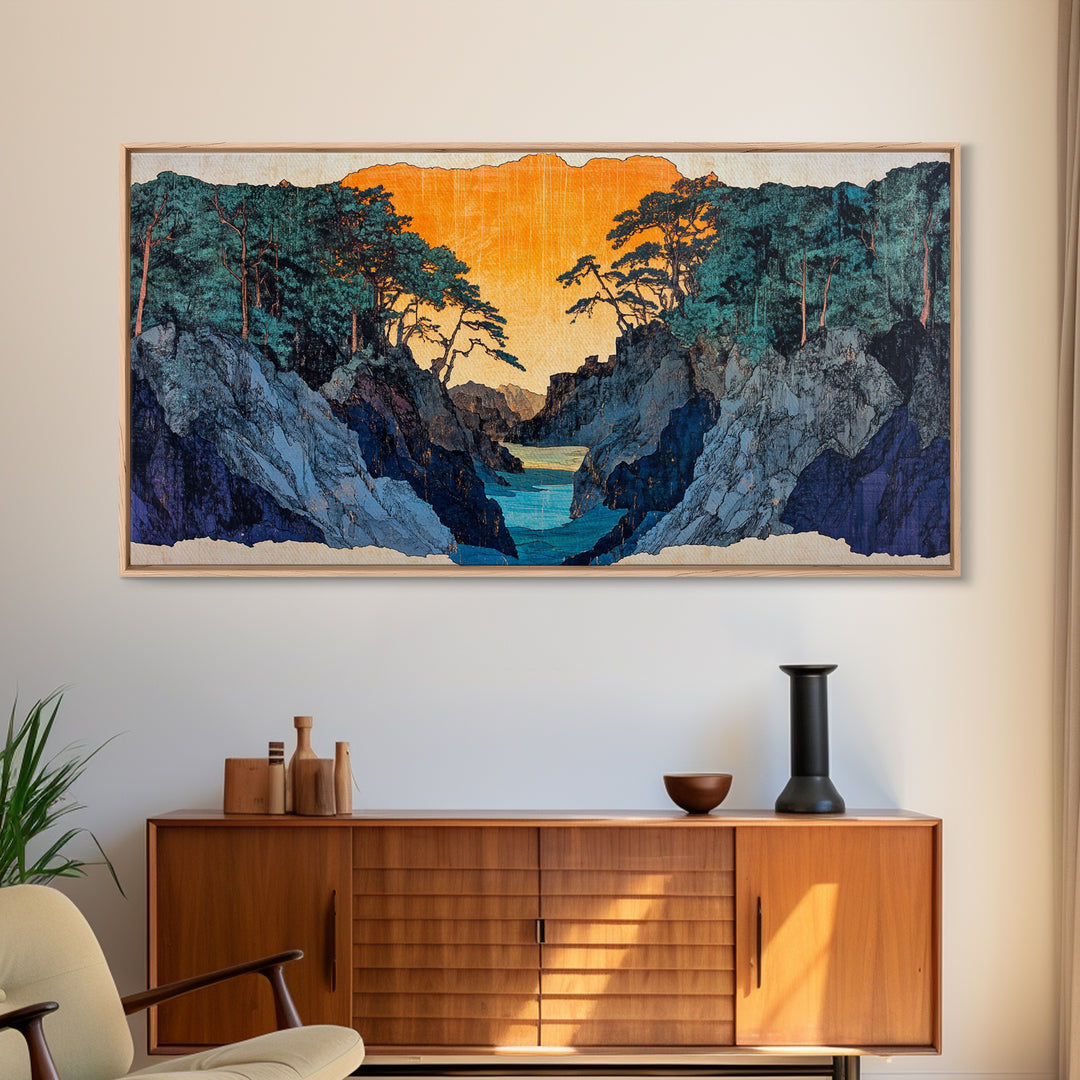 Rocky Blue Canyon River At Orange Sunset Wall Art, Japanese Landscape Print, Moody Nature Decor, Panoramic Canvas Art, Living Room Art